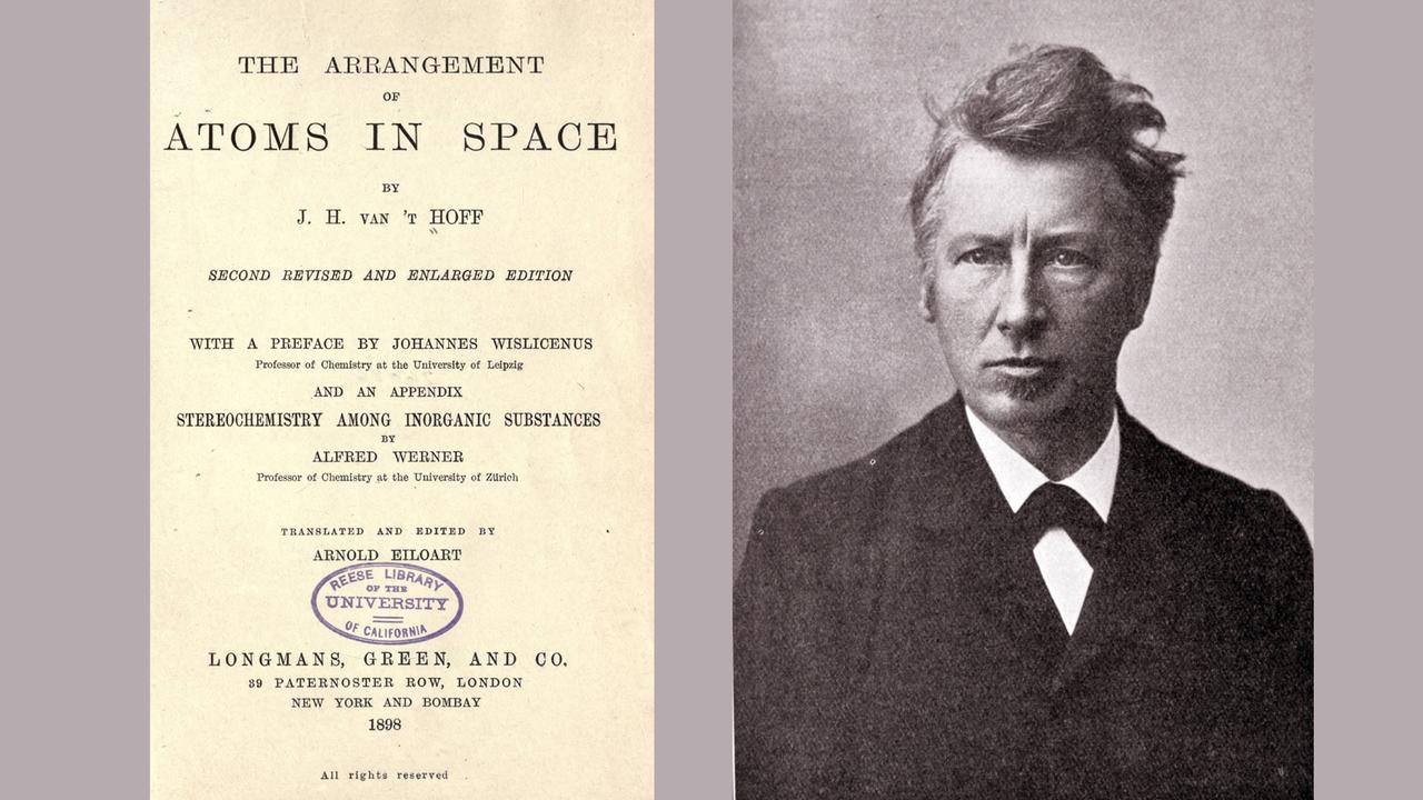 Jacobus Henricus van ’t Hoff (1852-1910), links der Titel seines Werks "Atoms in Space"/"Die Lagerung der Atome im Raume" Jacobus Henricus van ’t Hoff (1852-1910), links der Titel seines Werks "Atoms in Space"/"Die Lagerung der Atome im Raume"