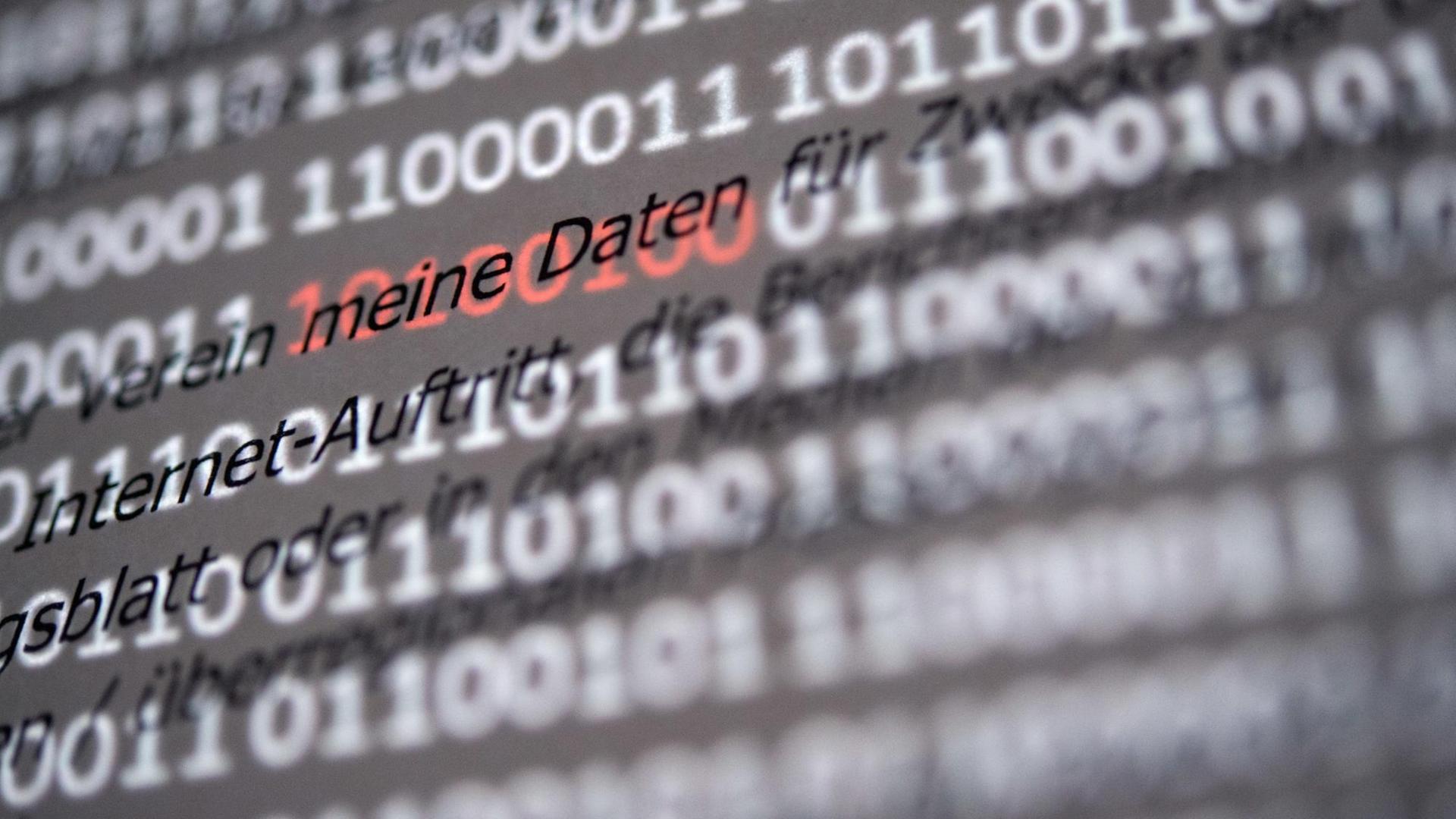 Der Abschnitt "meine Daten" einer Musterdatenschutzerklärung für Vereine wird von roten Einsen und Nullen hervorgehoben, die auf einem Bildschirm hinter dem Papier zu sehen sind. Der Abschnitt "meine Daten" einer Musterdatenschutzerklärung für Vereine wird von roten Einsen und Nullen hervorgehoben, die auf einem Bildschirm hinter dem Papier zu sehen sind.