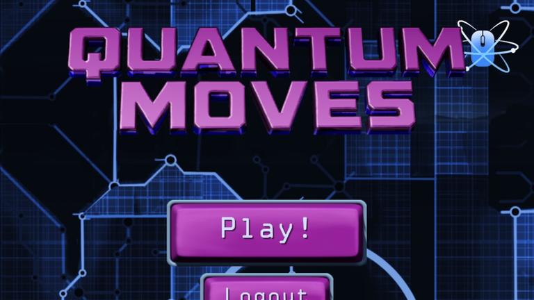 Der Startbildschirm von Quantum Moves im Retro-Look mit violetten "Play" und "Logout" Knöpfen vor schwarzem Hintergrund. Der Startbildschirm von Quantum Moves im Retro-Look mit violetten "Play" und "Logout" Knöpfen vor schwarzem Hintergrund.