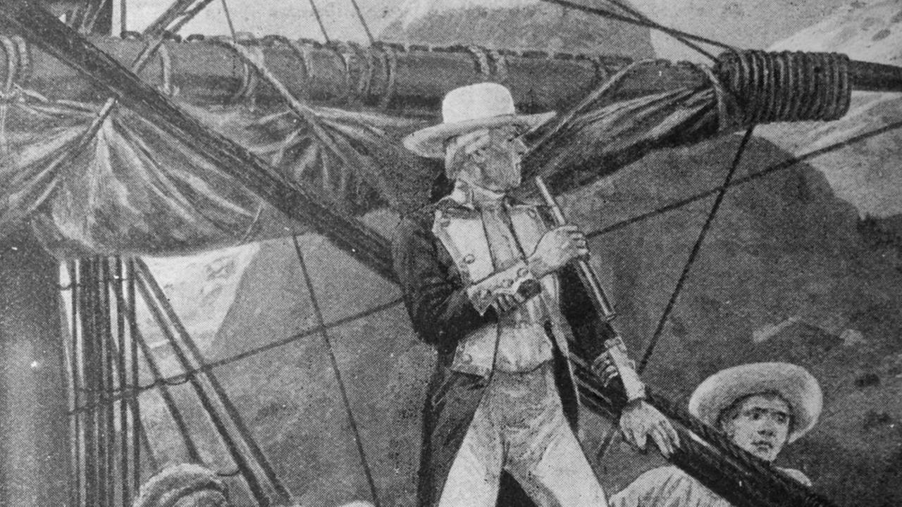 Eine Zeichnung zeigt Captain Cook wie er die Südsee entdeckt haben will.