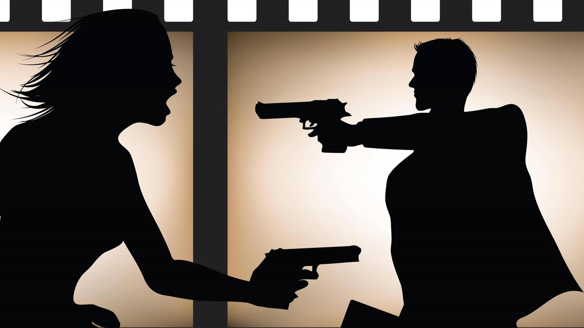 Ein Filmstreifen, auf dem eine Frau und ein Mann mit gezückten Waffen in entgegengesetzte Richtungen gehen. Ein Filmstreifen, auf dem eine Frau und ein Mann mit gezückten Waffen in entgegengesetzte Richtungen gehen.