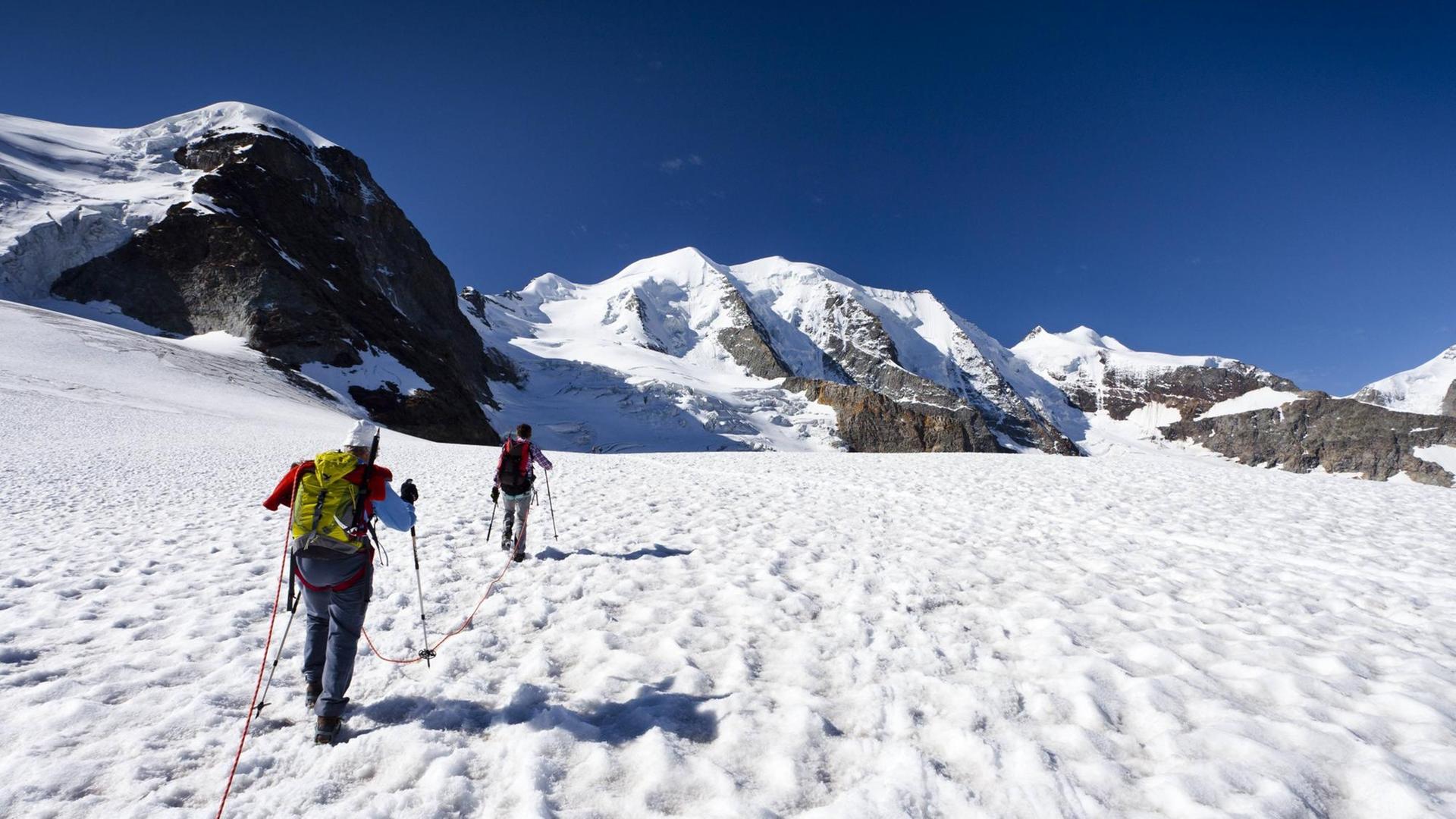 Bergsteiger auf einem Gletscher, im Hintergrund der Piz Palü. Bergsteiger auf einem Gletscher, im Hintergrund der Piz Palü.