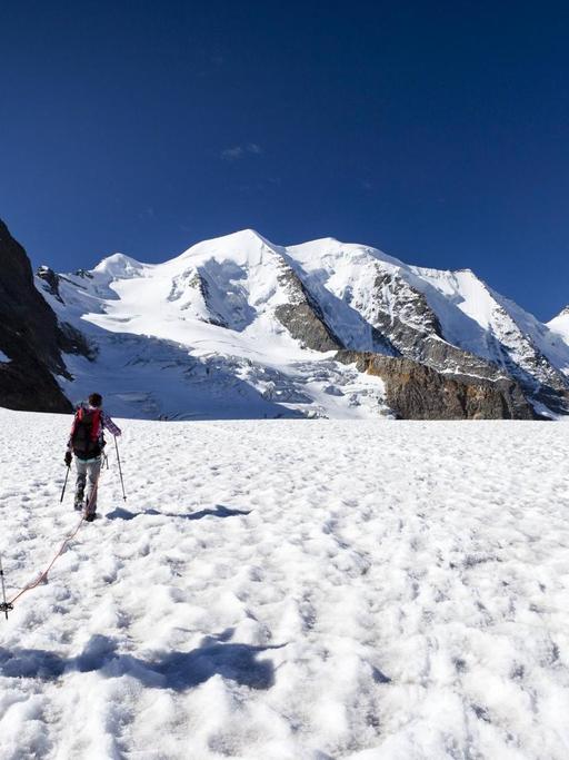 Bergsteiger auf einem Gletscher, im Hintergrund der Piz Palü.