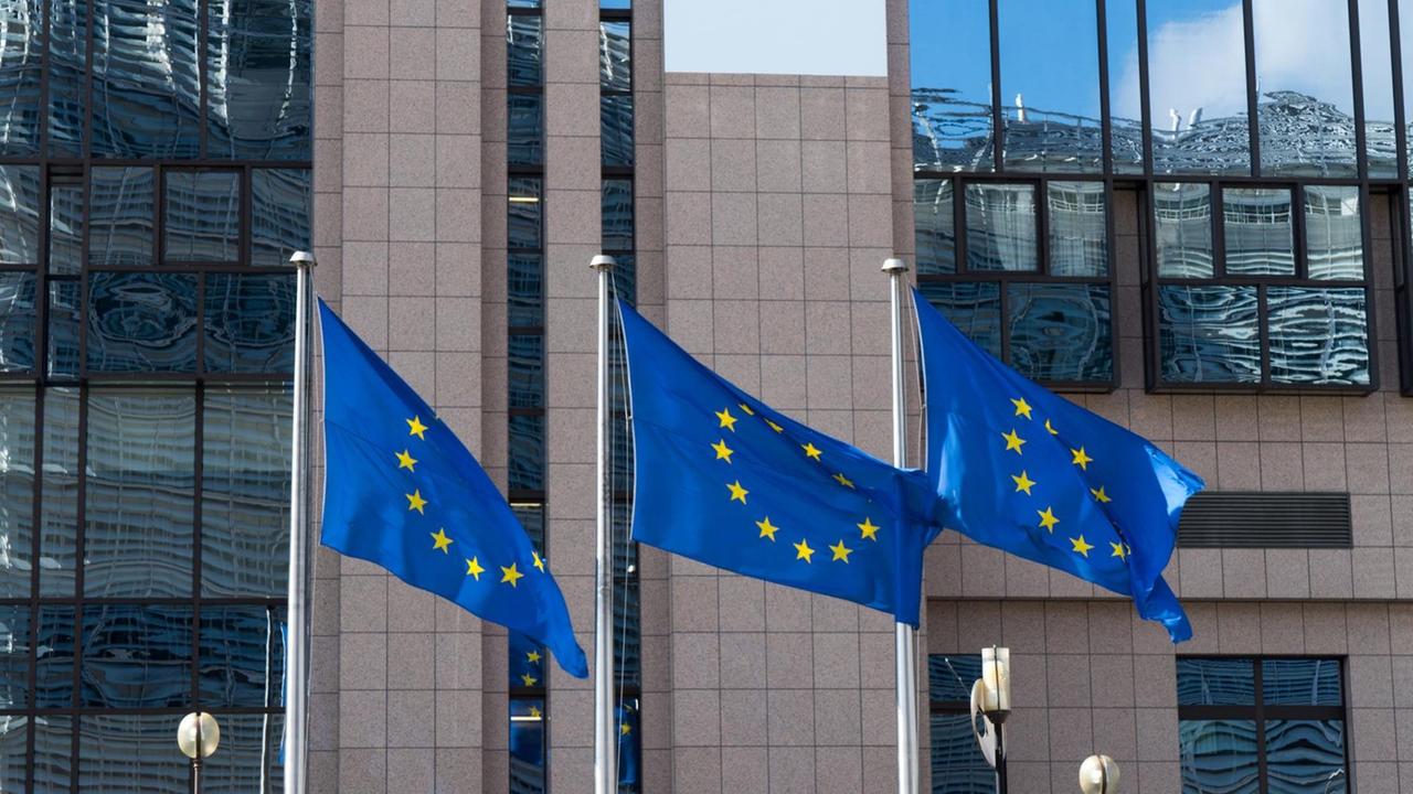 Vor der halbverglasten Frontfassade wehen drei Flaggen mit den europäischen Sternen. Vor der halbverglasten Frontfassade wehen drei Flaggen mit den europäischen Sternen.