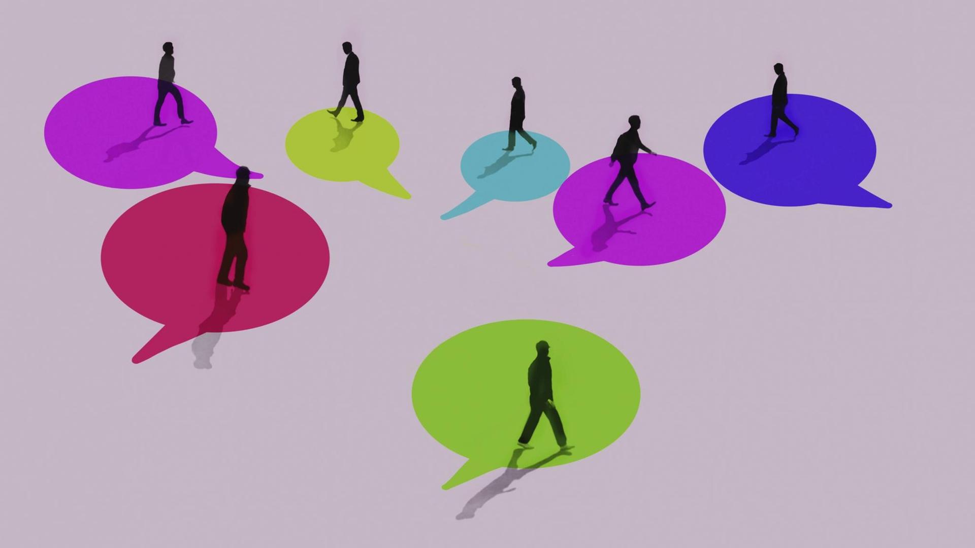 Illustration: Menschen gehen auf verschiedenen Sprechblasen. Illustration: Menschen gehen auf verschiedenen Sprechblasen.