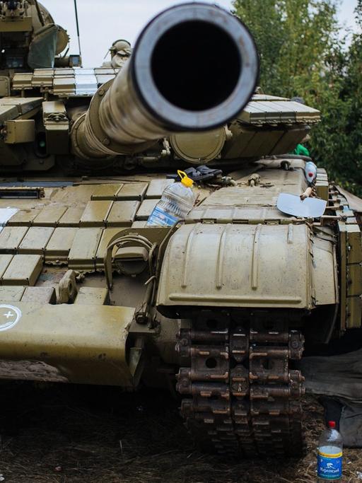 Ein ukrainischer Soldat sitzt neben einem Panzer im Osten der Ukraine.