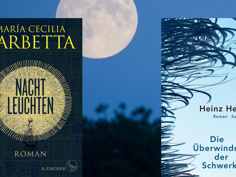 Buchcover links: María Cecilia Barbetta: „Nachtleuchten“, rechts: Heinz Helle: „Die Überwindung der Schwerkraft“