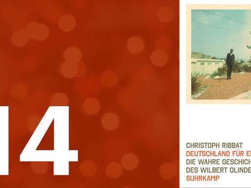 Buchcover von "Deutschland für eine Saison. Die wahre Geschichte des Wilbert Olinde jr." von Christoph Ribbat neben der Zahl "14" vor rotem Hintergrund