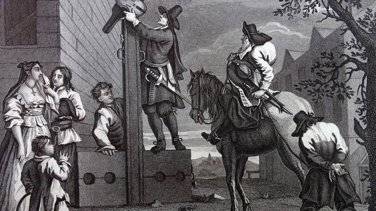 Gravur von William Hogarth (1697 - 1764) - Puritaner führen einen Delinquenten zum Pranger
Gravur von William Hogarth (1697 - 1764) - Puritaner führen einen Delinquenten zum Pranger
