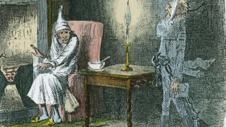 Historische Darstellung (Künstler: John Leech) aus "A Christmas Carol" von Charles Dickens, 1843. Ebenezer Scrooge wird am Weihnachtsabend vom Geist seines Geschäftspartners Marley besucht. | Ann Ronan Picture Library / Heritage Images | Verwendung weltweit, Keine Weitergabe an Wiederverkäufer. Historische Darstellung (Künstler: John Leech) aus "A Christmas Carol" von Charles Dickens, 1843. Ebenezer Scrooge wird am Weihnachtsabend vom Geist seines Geschäftspartners Marley besucht. | Ann Ronan Picture Library / Heritage Images | Verwendung weltweit, Keine Weitergabe an Wiederverkäufer.