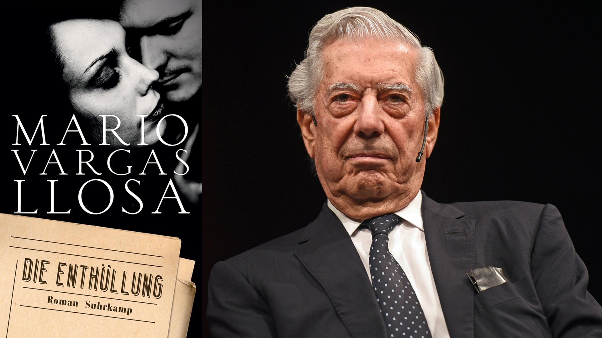 Der Autor Mario Vargas Llosa sitzt bei einer Lesung in Köln. Links: das Buchcover seine neuesten Romans "Die Enthüllung". Der Autor Mario Vargas Llosa sitzt bei einer Lesung in Köln. Links: das Buchcover seine neuesten Romans "Die Enthüllung".