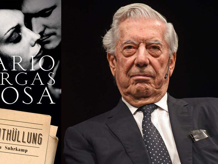 Der Autor Mario Vargas Llosa sitzt bei einer Lesung in Köln. Links: das Buchcover seine neuesten Romans "Die Enthüllung".