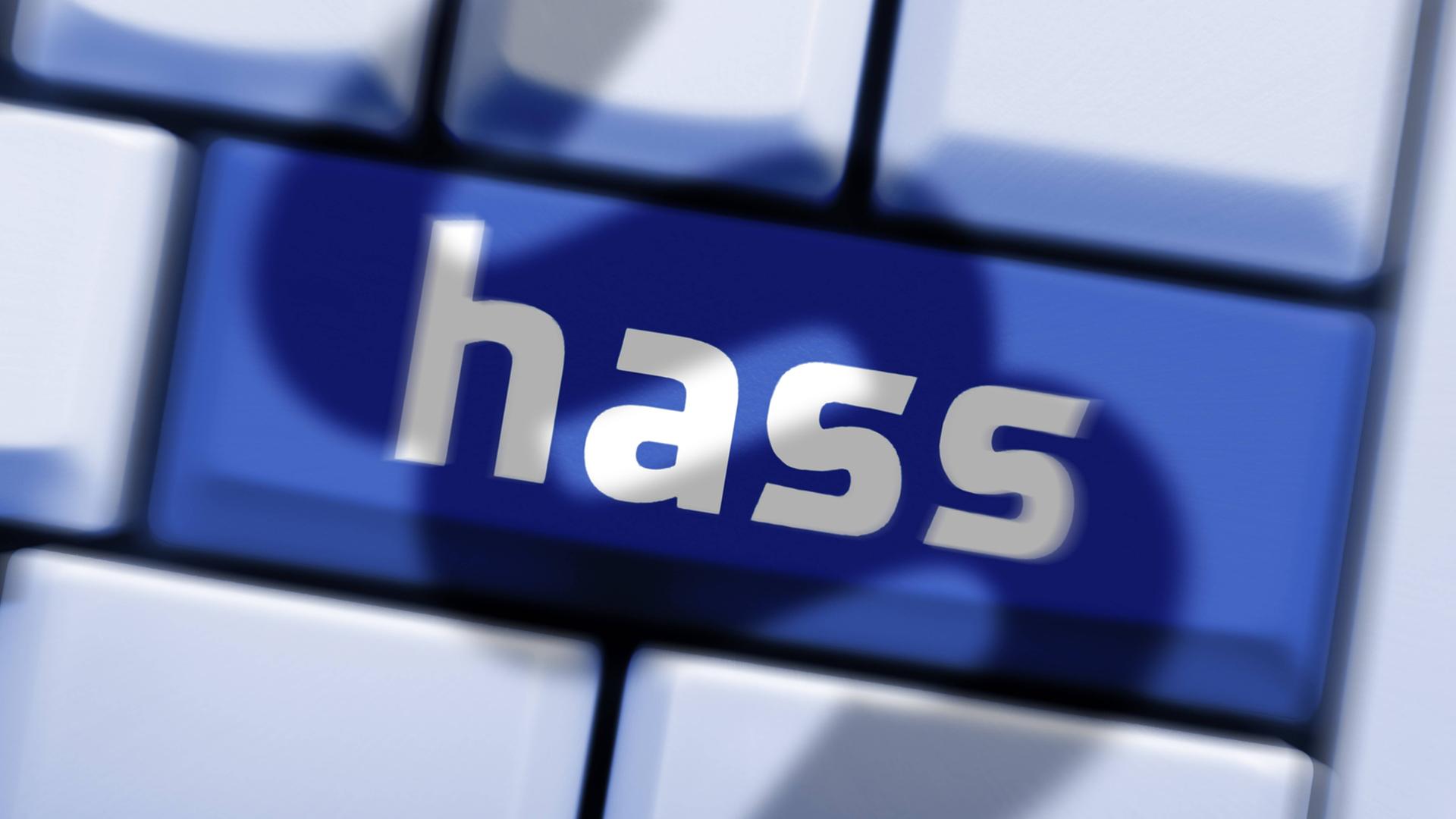 Eine Computertaste mit der Aufschrift "hass" und dem Schatten eines Paragraphen-Zeichens darüber Eine Computertaste mit der Aufschrift "hass" und dem Schatten eines Paragraphen-Zeichens darüber
