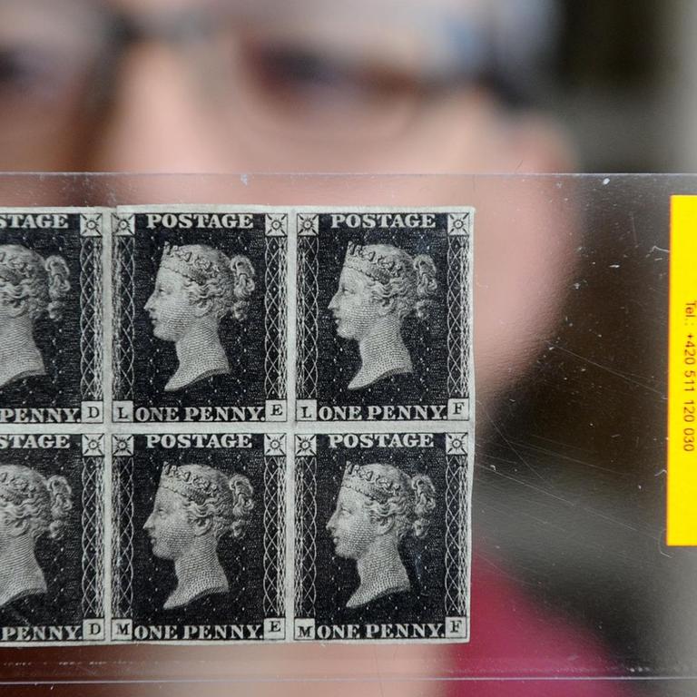 One Penny Black, die erste Briefmarke der Welt, erstmals ausgegeben von Vereinigten Königreich im Jahr 1820
