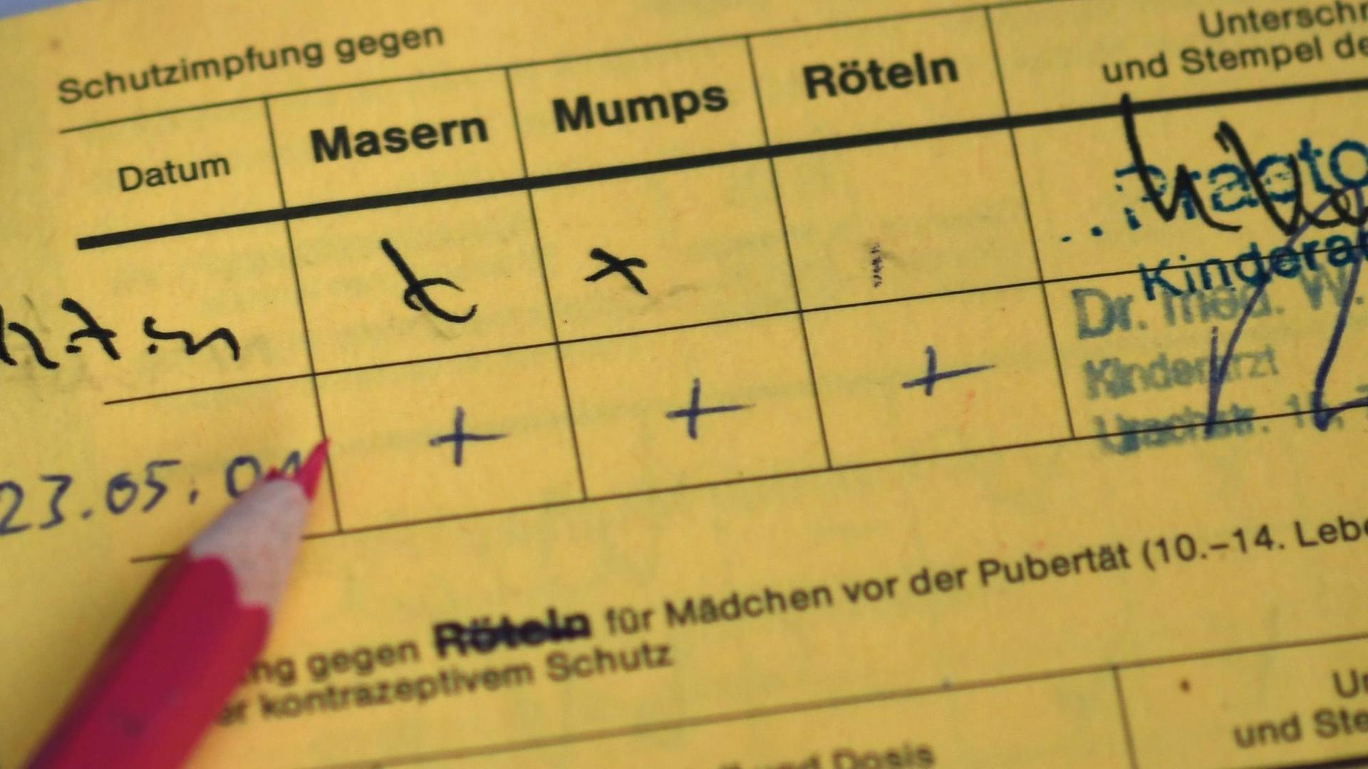 Ein Impfpass zeigt die Felder Mumps, Masern und Röteln. Ein Impfpass zeigt die Felder Mumps, Masern und Röteln.
