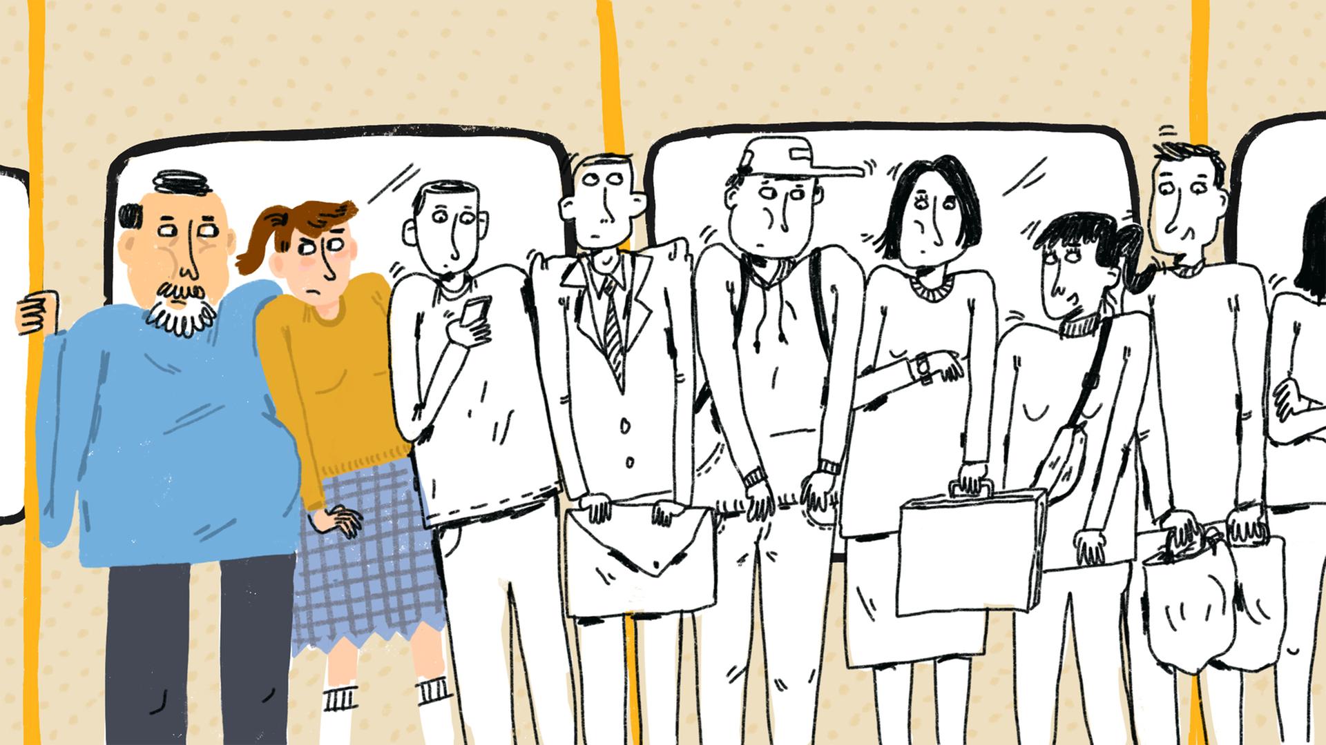Eine Illustration zeigt Menschen in der Straßenbahn Eine Illustration zeigt Menschen in der Straßenbahn