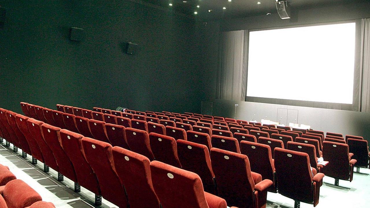 Ein leerer Kinosaal. Leere Sitzreihen vor einer leeren Leinwand. Ein leerer Kinosaal. Leere Sitzreihen vor einer leeren Leinwand.