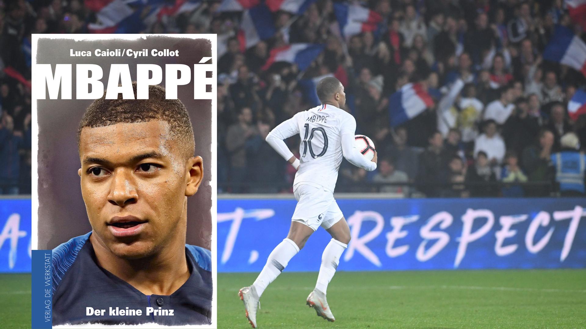 Im Vordergrund ist das Cover des Buches "Mbappé. Der kleine Prinz". Im Hintergrund ist der Fußballer Im Vordergrund ist das Cover des Buches "Mbappé. Der kleine Prinz". Im Hintergrund ist der Fußballer