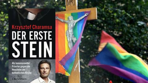 Collage mit Cover von "Der erste Stein" und einem Kreuz, das mit einer Regenbogenfahne verziert ist