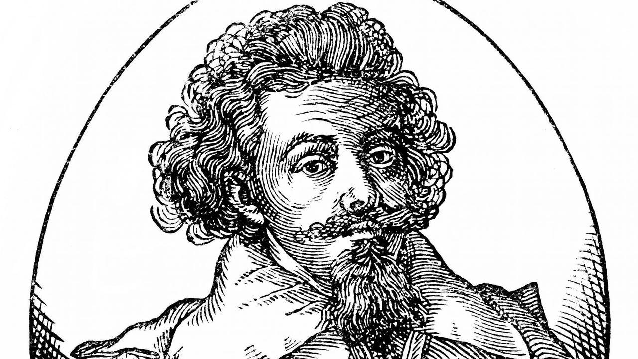 Historische Zeichnung eines Mannes mit lockigen Haaren und Umhang mit üppigen Kragen. Historische Zeichnung eines Mannes mit lockigen Haaren und Umhang mit üppigen Kragen.