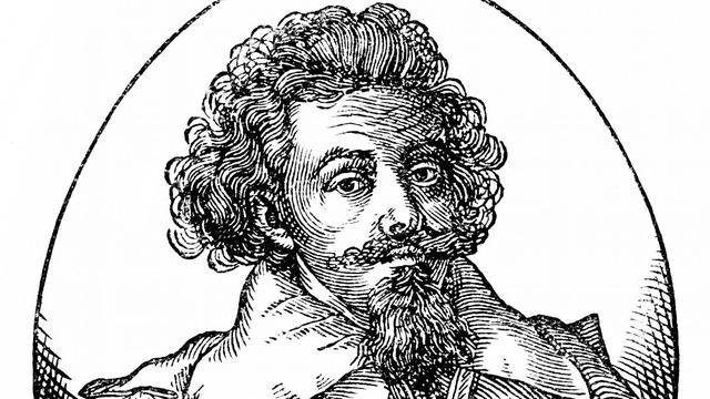 Historische Zeichnung eines Mannes mit lockigen Haaren und Umhang mit üppigen Kragen.