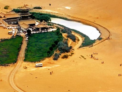 Der wie ein Halbmond geformte so genannte Mondsee oder Mondsichelsee (chin.: Yueyaquan) in der Wüste bei Dunhang in der chinesischen Provinz Gansu.