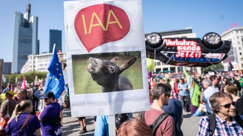 Demonstranten mit einem Plakat, auf dem ein Esel abgebildet ist mit einer Sprechblase, in der "IAA" geschrieben steht. 