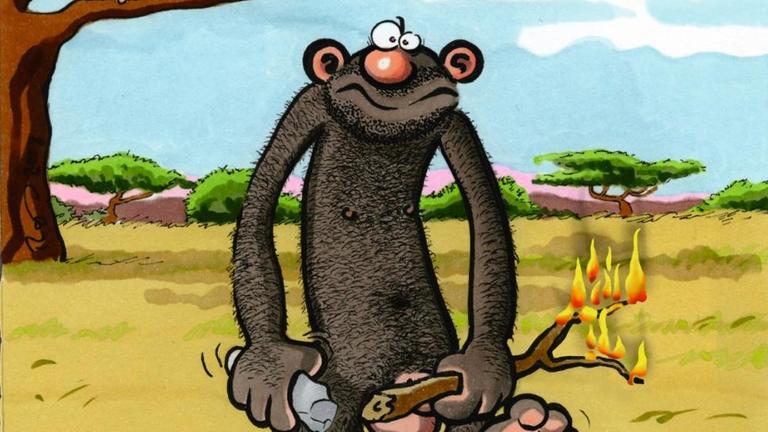 Das Covermotiv des neuen Buchs "Stehaufmännchen" von Ralf König zeigt in überzeichneter Form einen Menschenaffen mit Stein und brennendem Ast in der Hand. Im Hintergrund sitzen auf einem Blaum kleinere menschenartige Geschöpfe in typischer Ralf-König Anmutung. Das Covermotiv des neuen Buchs "Stehaufmännchen" von Ralf König zeigt in überzeichneter Form einen Menschenaffen mit Stein und brennendem Ast in der Hand. Im Hintergrund sitzen auf einem Blaum kleinere menschenartige Geschöpfe in typischer Ralf-König Anmutung.