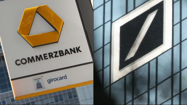Die Fotomontage zeigt die Logos von Commerzbank und Deutscher Bank vor dem Hintergrund der Fassaden der Geldhäuser.