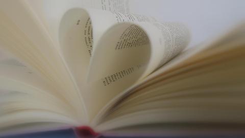 Die Buchseiten eines Liebesromans sind in Herzform geklappt.