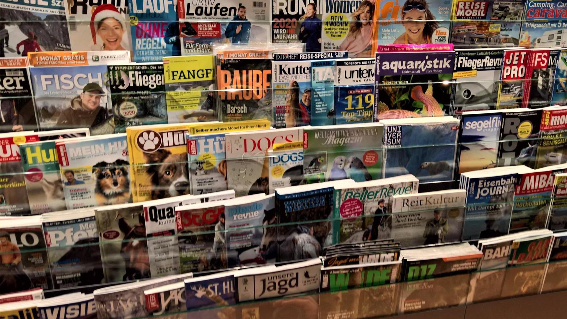 Etliche Zeitschriften und Magazine liegen in einem Kioskregal aus Etliche Zeitschriften und Magazine liegen in einem Kioskregal aus