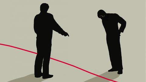 Eine Illustration zeigt zwei Männer, die durch eine rote Linie getrennt sind.