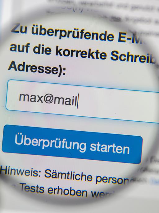 Die Eingabemaske zur Überprüfung der E-Mail-Adresse auf der Internetseite des Bundesamtes für Sicherheit in der Informationstechnik (BSI) wird von einer Lupe vergrößert.
