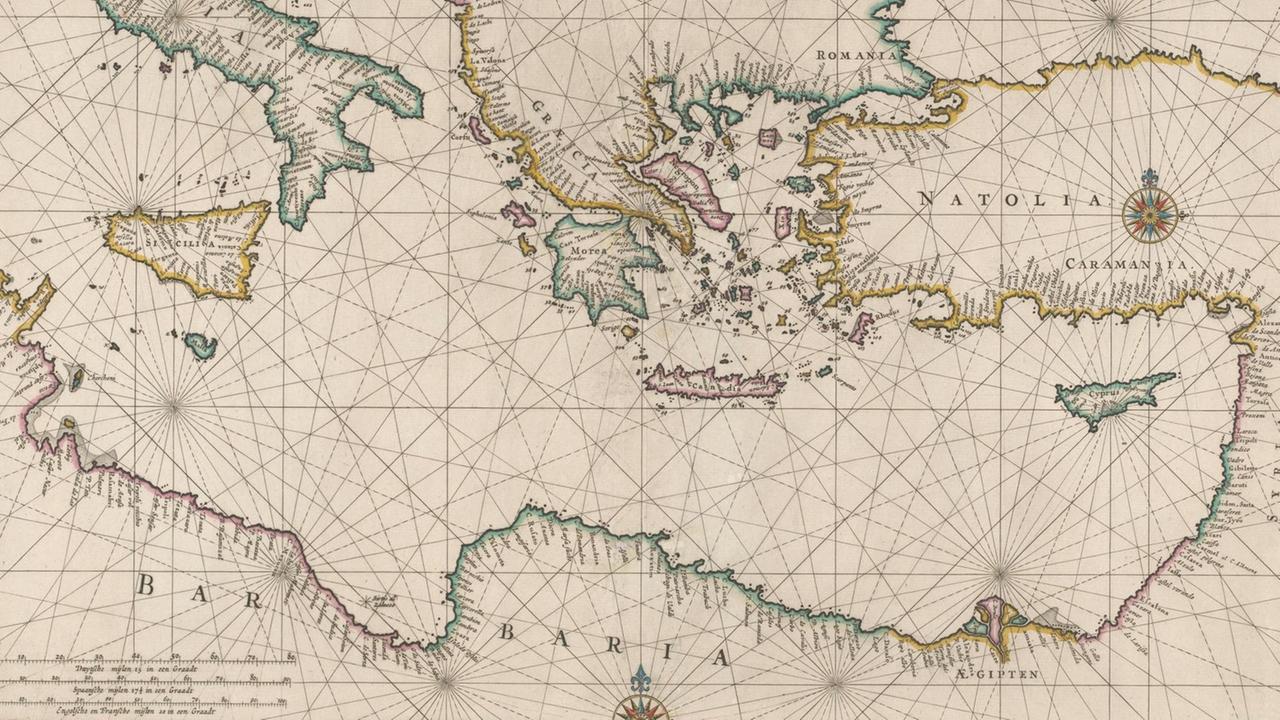 Historische, niederländische Seekarte mit der Darstellung des östlichen Teils des Mittelmeerss und Norditalien.
Historische, niederländische Seekarte mit der Darstellung des östlichen Teils des Mittelmeerss und Norditalien.