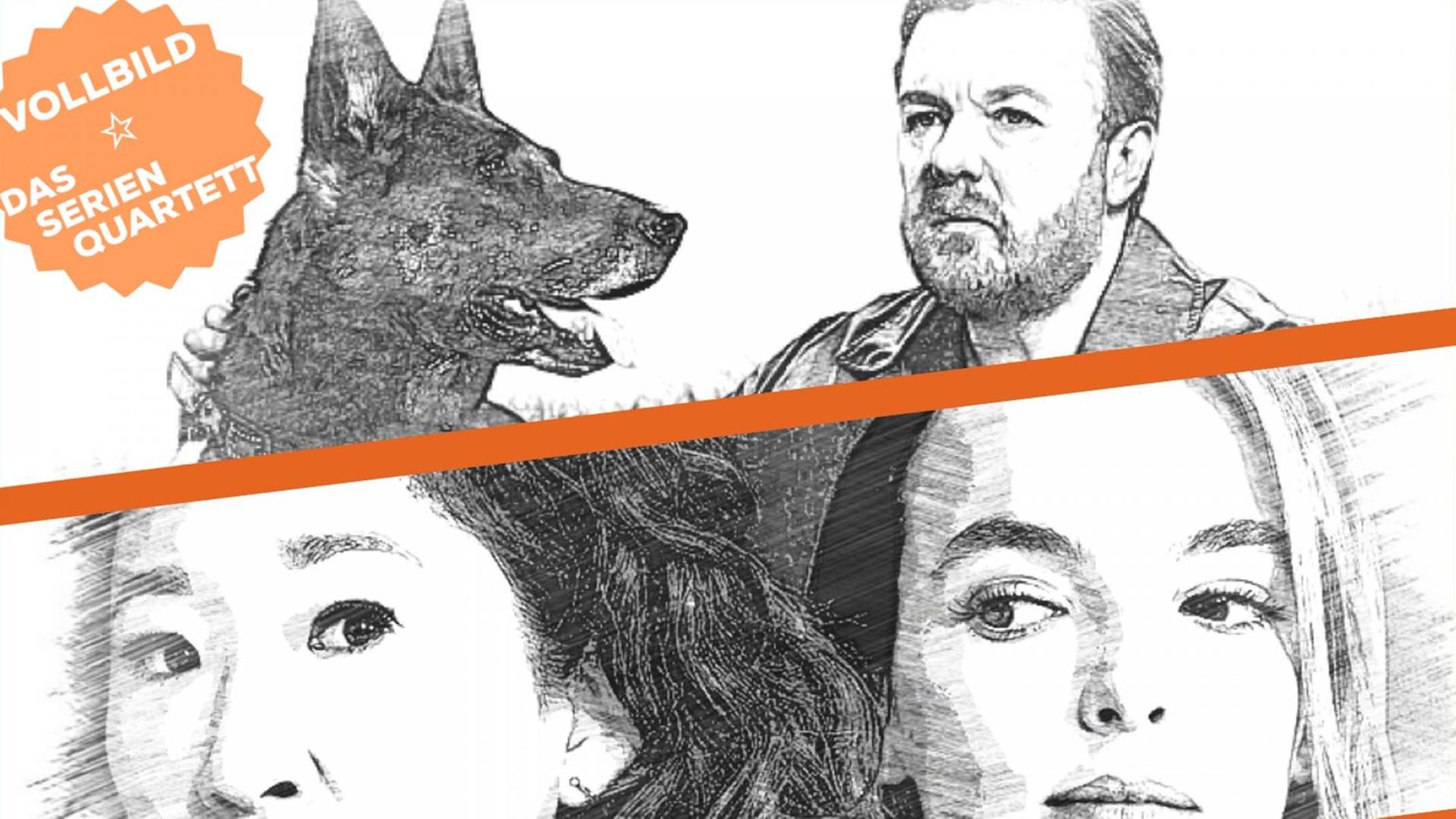 Collage im Bleistift-Schraffur-Stil aus einem Bild mit dem Komiker Ricky Gervais und einem Hund sowie einer Szene aus "Killing Spree", in der zwei Frauen zu sehen sind.