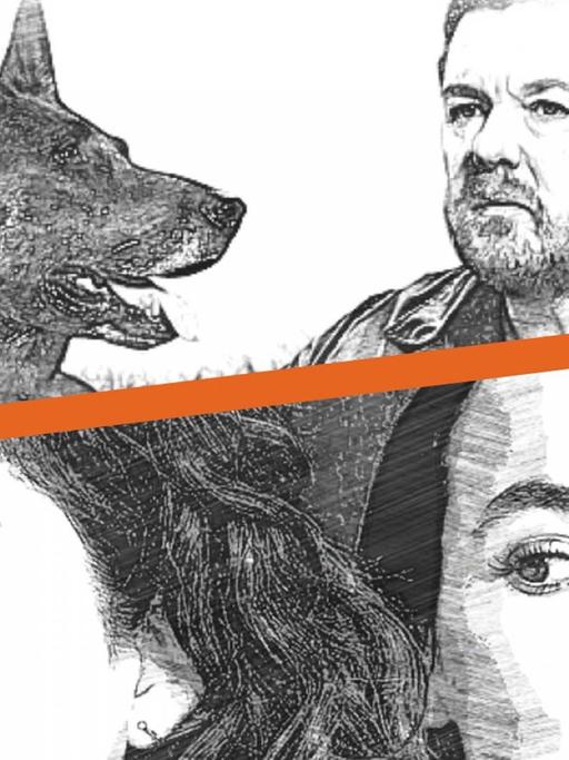 Collage im Bleistift-Schraffur-Stil aus einem Bild mit dem Komiker Ricky Gervais und einem Hund sowie einer Szene aus "Killing Spree", in der zwei Frauen zu sehen sind.