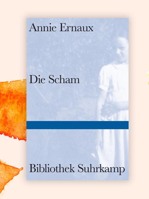 Das Buchcover "Die Scham" von Annie Ernaux ist vor einem grafischen Hintergrund zu sehen.