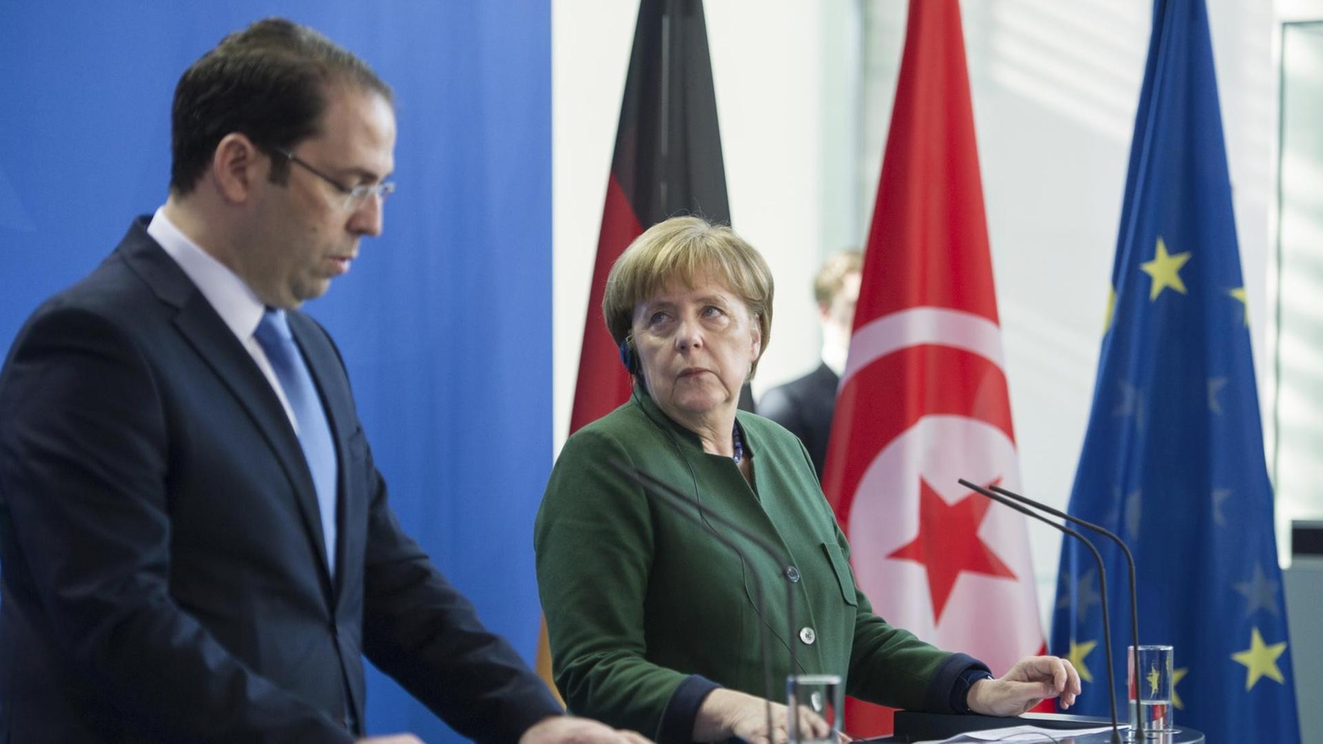 Bundeskanzlerin Angela Merkel und der tunesische Ministerpräsident Youssef Chahed bei ihrer Pressekonferenz am 14.2.2017 in Berlin.