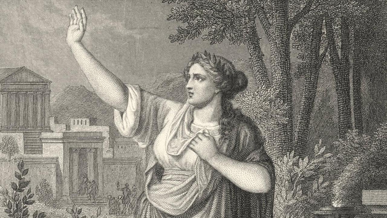 Historischer Stahlstich von Ferdinand Rothbart, 1823 - 1899, ein deutscher Illustrator. Der Stich zeigt die Figur der Kassandra aus der griechischen Mythologie. Historischer Stahlstich von Ferdinand Rothbart, 1823 - 1899, ein deutscher Illustrator. Der Stich zeigt die Figur der Kassandra aus der griechischen Mythologie.