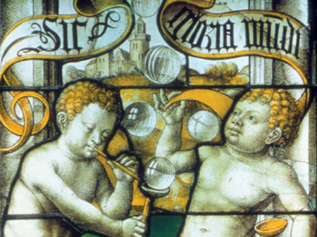 Zwei seifenblasende Knaben, Glasfenster, Köln, um 1530