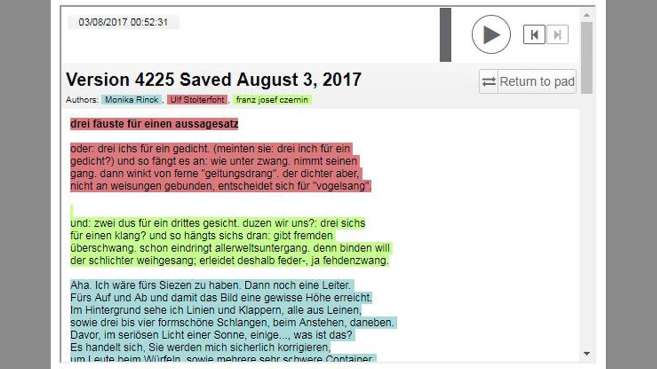 Screenshot vom Etherpad: Die Lyriker Ulf Stolterfoht, Franz Josef Czernin und Monika Rinck nutzen eine Software, um gemeinsam ein Gedicht zu verfassen. Screenshot vom Etherpad: Die Lyriker Ulf Stolterfoht, Franz Josef Czernin und Monika Rinck nutzen eine Software, um gemeinsam ein Gedicht zu verfassen.