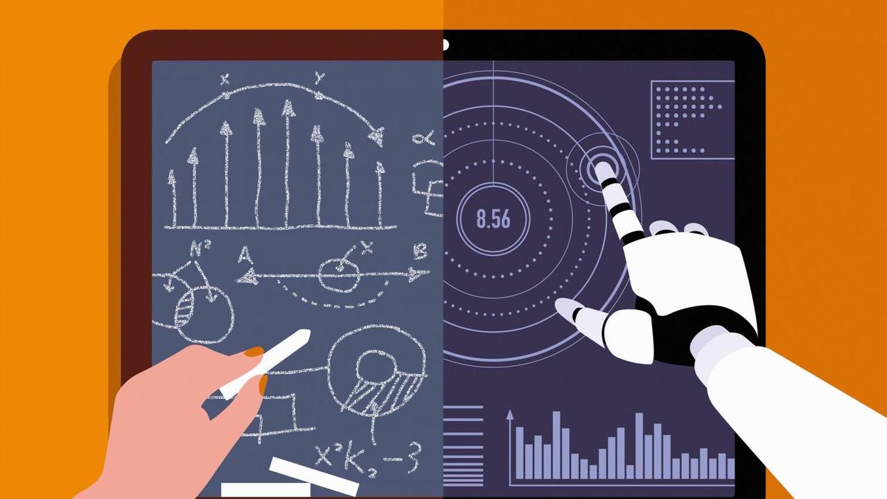Zeichnung einer Tafel, die mit Kreide beschriftet wird und in ein Tablet übergeht, das von einem Roboter bedient wird. Zeichnung einer Tafel, die mit Kreide beschriftet wird und in ein Tablet übergeht, das von einem Roboter bedient wird.