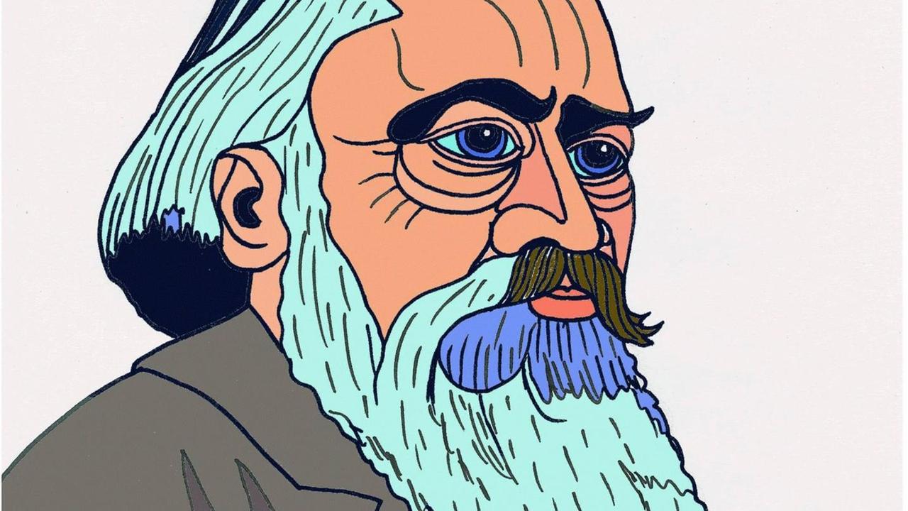 Modern gestaltetes Porträt des älteren Komponisten Johannes Brahms mit Vollbart, bei dem die Farbe Blau dominiert. Modern gestaltetes Porträt des älteren Komponisten Johannes Brahms mit Vollbart, bei dem die Farbe Blau dominiert.