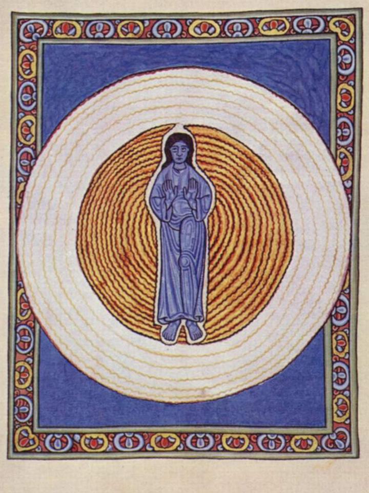 Hildegardis-Codex, sogenannter Scivias-Codex, Szene: Die wahre Dreiheit in der wahren Einheit Hildegardis-Codex, sogenannter Scivias-Codex, Szene: Die wahre Dreiheit in der wahren Einheit