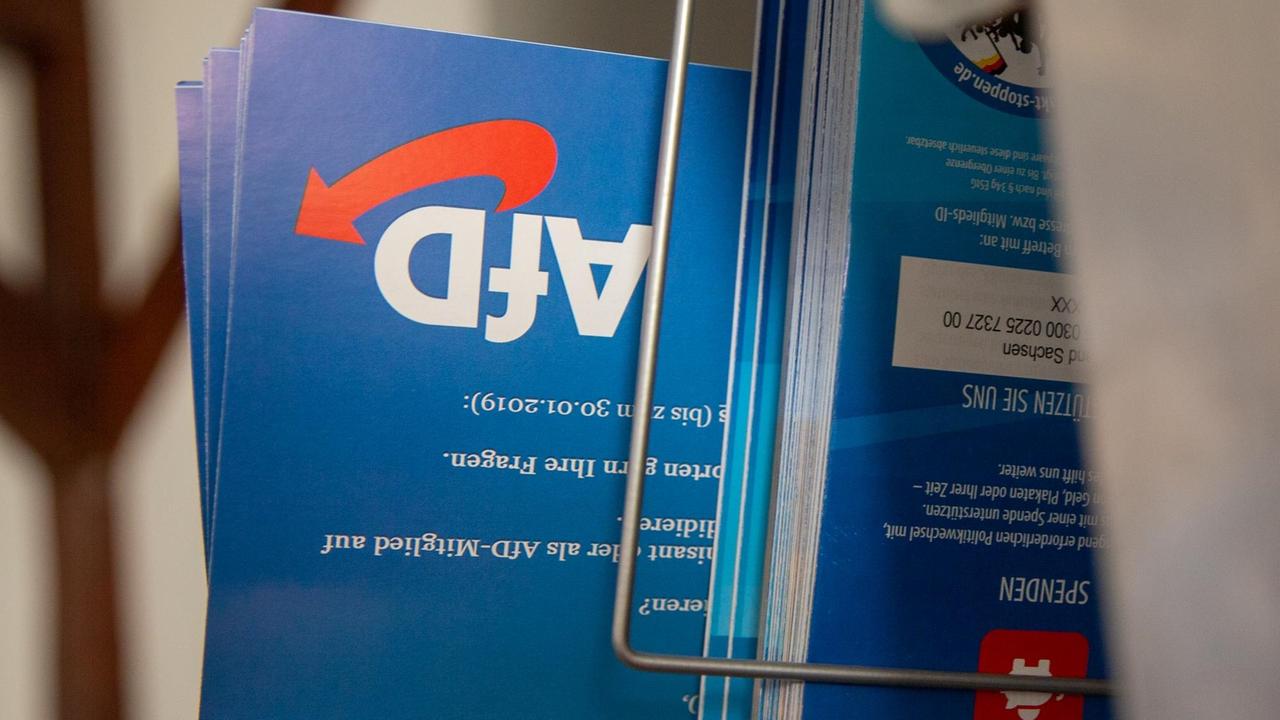 Flyer der Partei AfD stehen verkehrt herum in einem Postkartenständer.