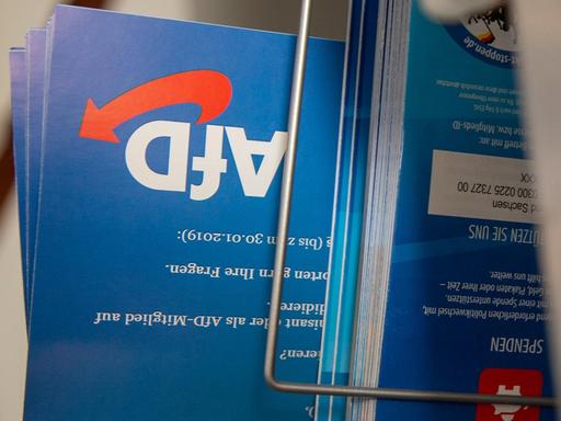 Flyer der Partei AfD stehen verkehrt herum in einem Postkartenständer.