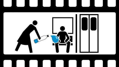 Grafik eines Filmstreifens auf dem die Szene abgebildet ist, wie eine Frau einem Mann Flüßigkeit in den Schritt gießt.