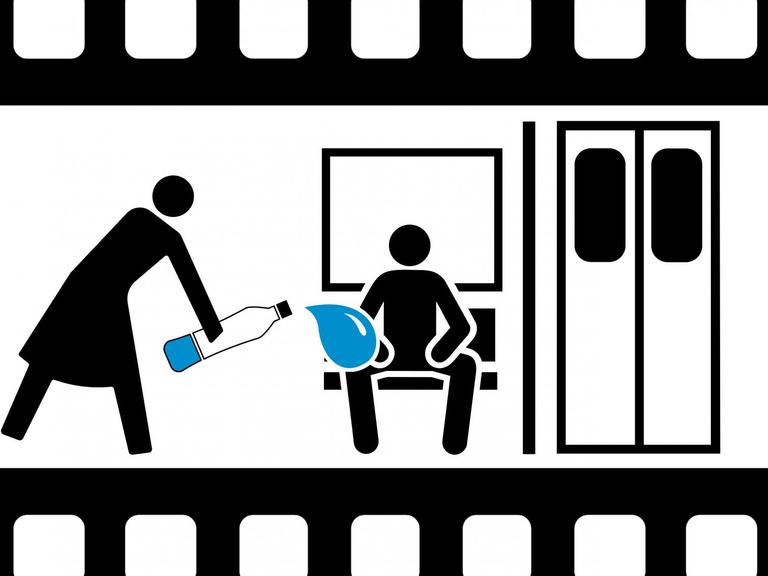 Grafik eines Filmstreifens auf dem die Szene abgebildet ist, wie eine Frau einem Mann Flüßigkeit in den Schritt gießt.