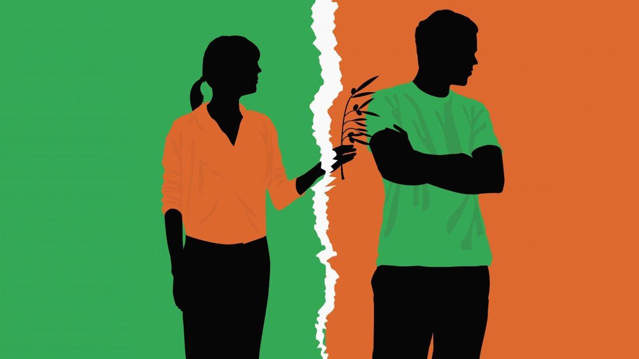 Eine Illustration zeigt eine Frauensilhouette auf grünem Hintergrund, die einem einer Männersilouette auf orangenem Hintergrund einen Olivenzweig reicht. Zwischen den beiden liegt ein Riss.