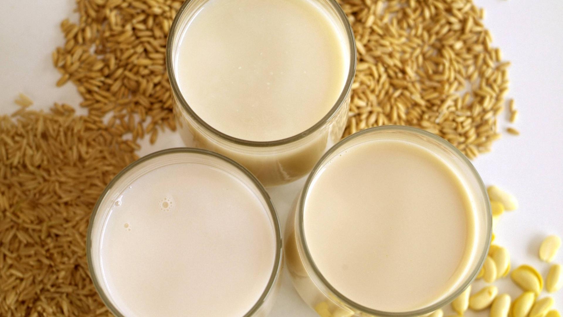 Ein Glas Haferdrink, Reisdrink und Sojadrink, umrundet von Getreidekörnern. Ein Glas Haferdrink, Reisdrink und Sojadrink, umrundet von Getreidekörnern.